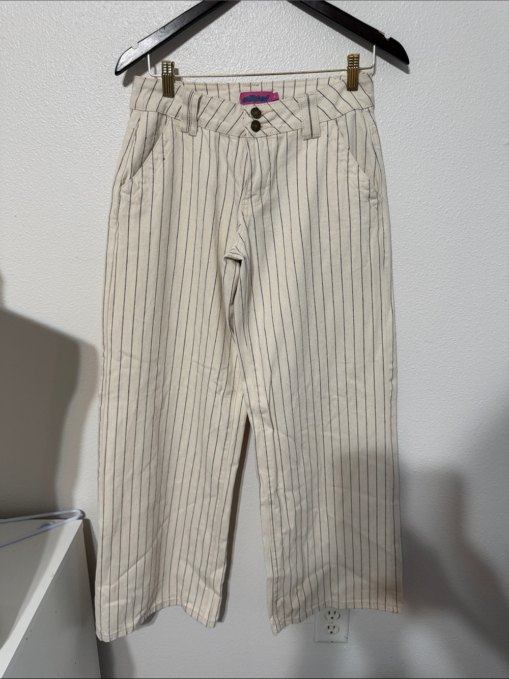 Edikted Cream Pinstripe High-Waist Wide Leg Trousers